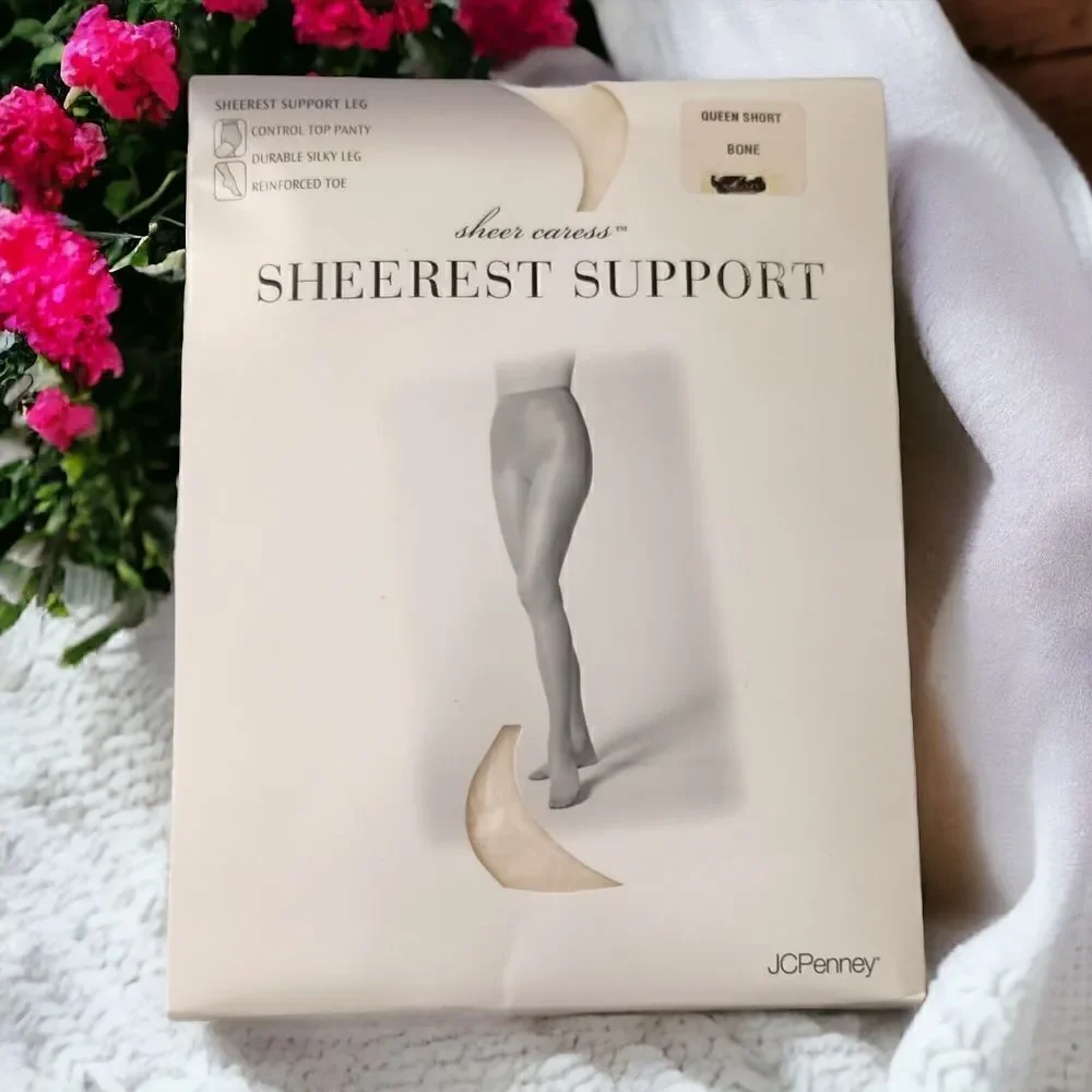 JCPenney Sheer Caress Pantyhose Stockings Sheerest Support Queen Short Bone NEW.